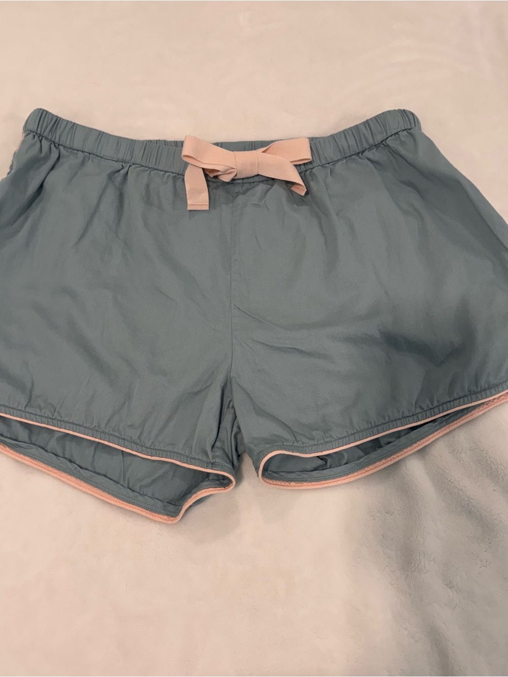Lake pajamas Blue Gray Women's sleep Shorts with light Pink bow & Trim